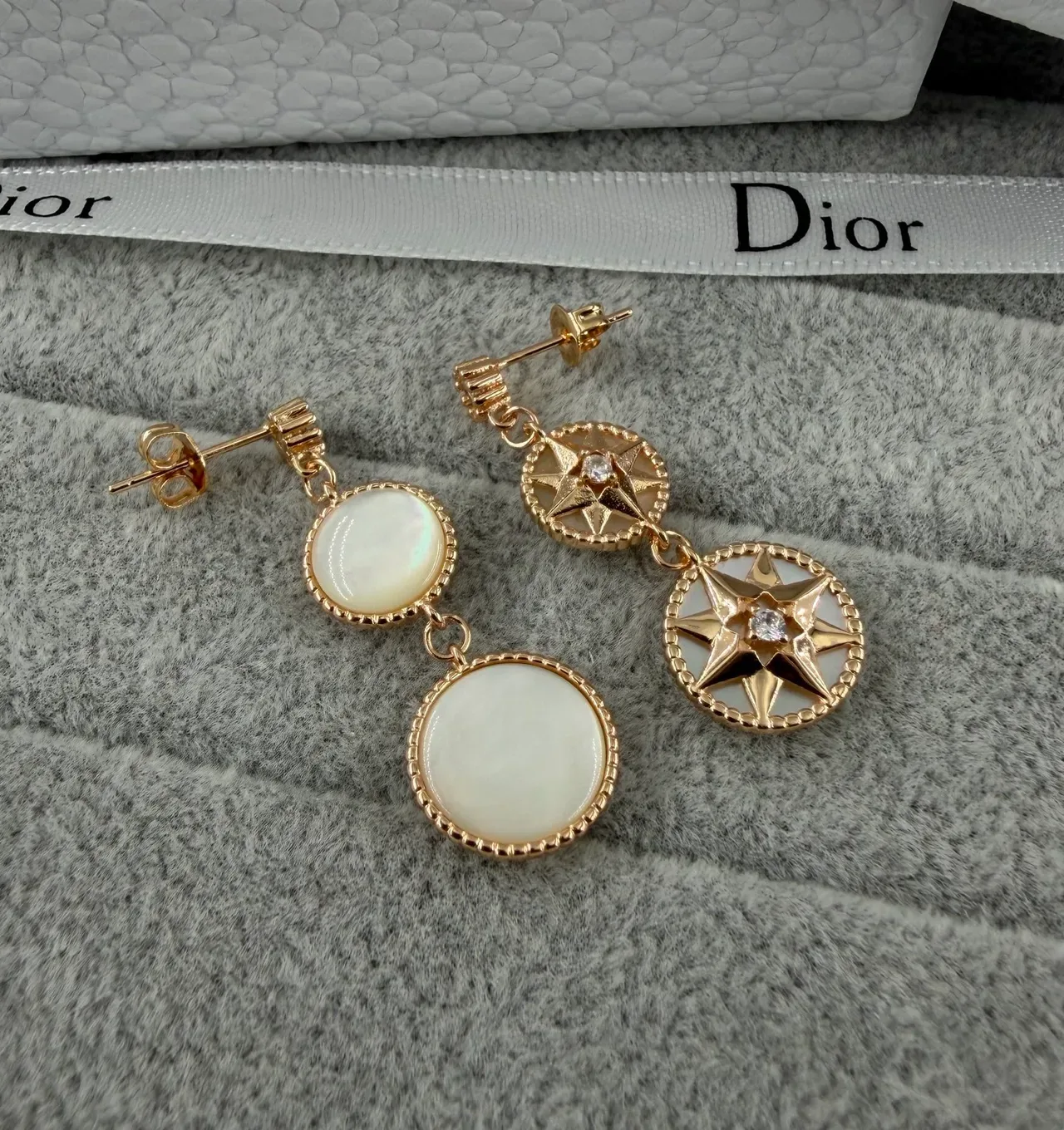 Dior Pendientes oro plata doble niveles motivo brújula estrella madreperla incrustado 5