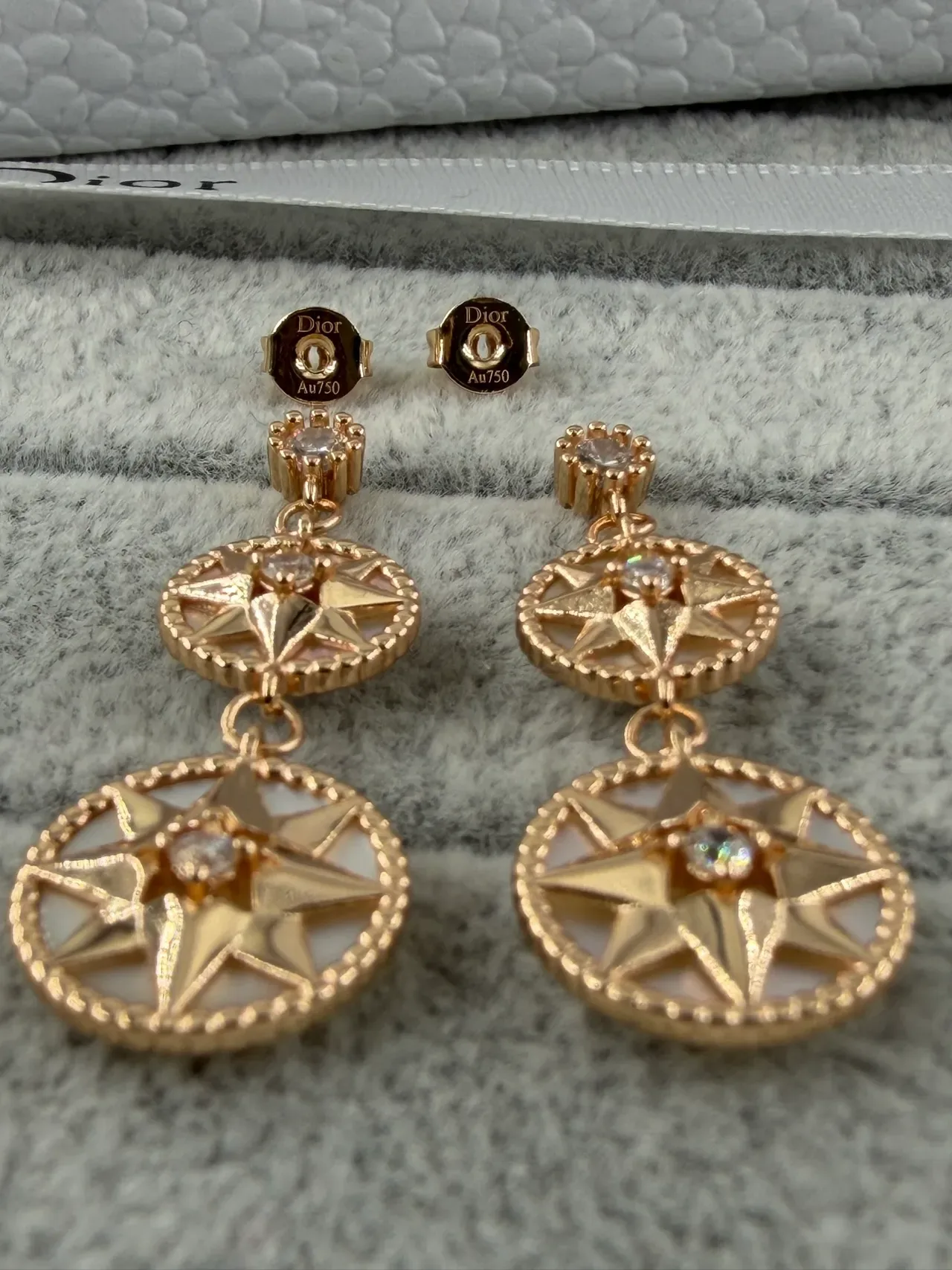Dior Pendientes oro plata doble niveles motivo brújula estrella madreperla incrustado 6