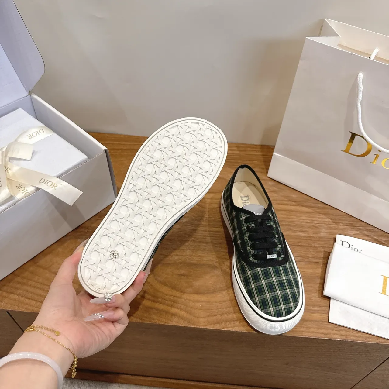 Dior Green Black Plaid Textile Upper Piping Trim Sneakers 2