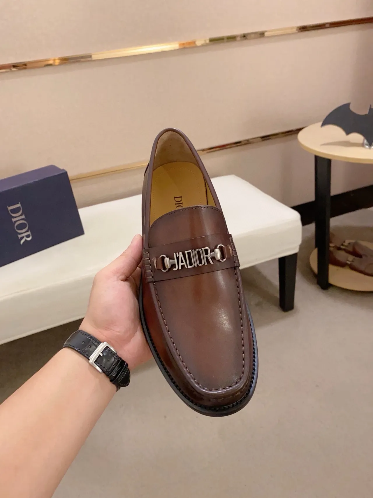 Dior Horsebit 1955 حذاء ليفر بني جلدي 5