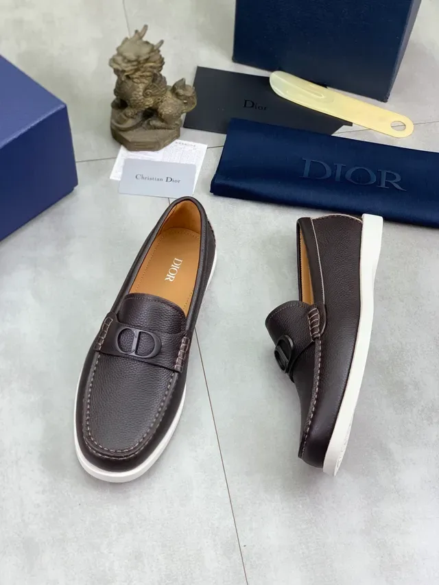 Dior Loafer Brown Beige Pebbled Leather CD Logo Buckle Loafer 5