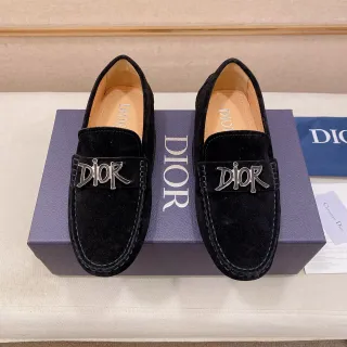 Dior Logo Loafer काला चाँदी सुड धातु पट्टिका Loafer