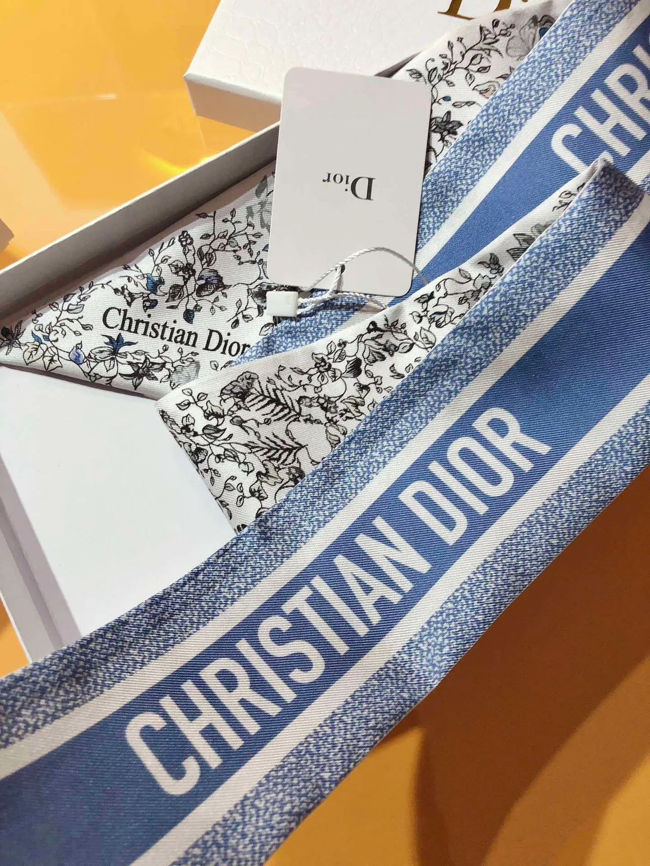 Dior Mitzaḥ White Blue Floral And Butterfly Print Base Silk Scarf 4