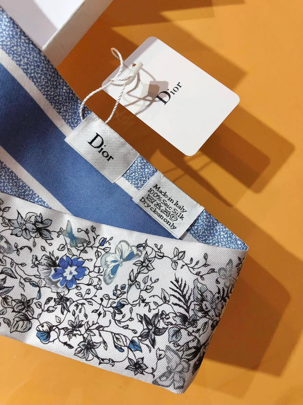 Dior Mitzaḥ White Blue Floral And Butterfly Print Base Silk Scarf 6