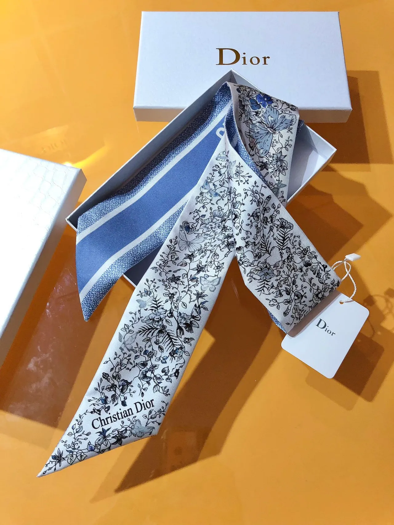Dior Mitzaḥ White Blue Floral And Butterfly Print Base Silk Scarf 7