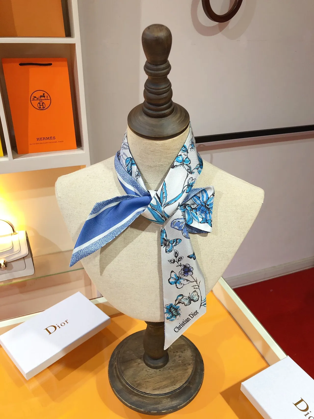 Dior Mitzaḥ White Blue Narrow Tapered Ends Silk Scarf 2