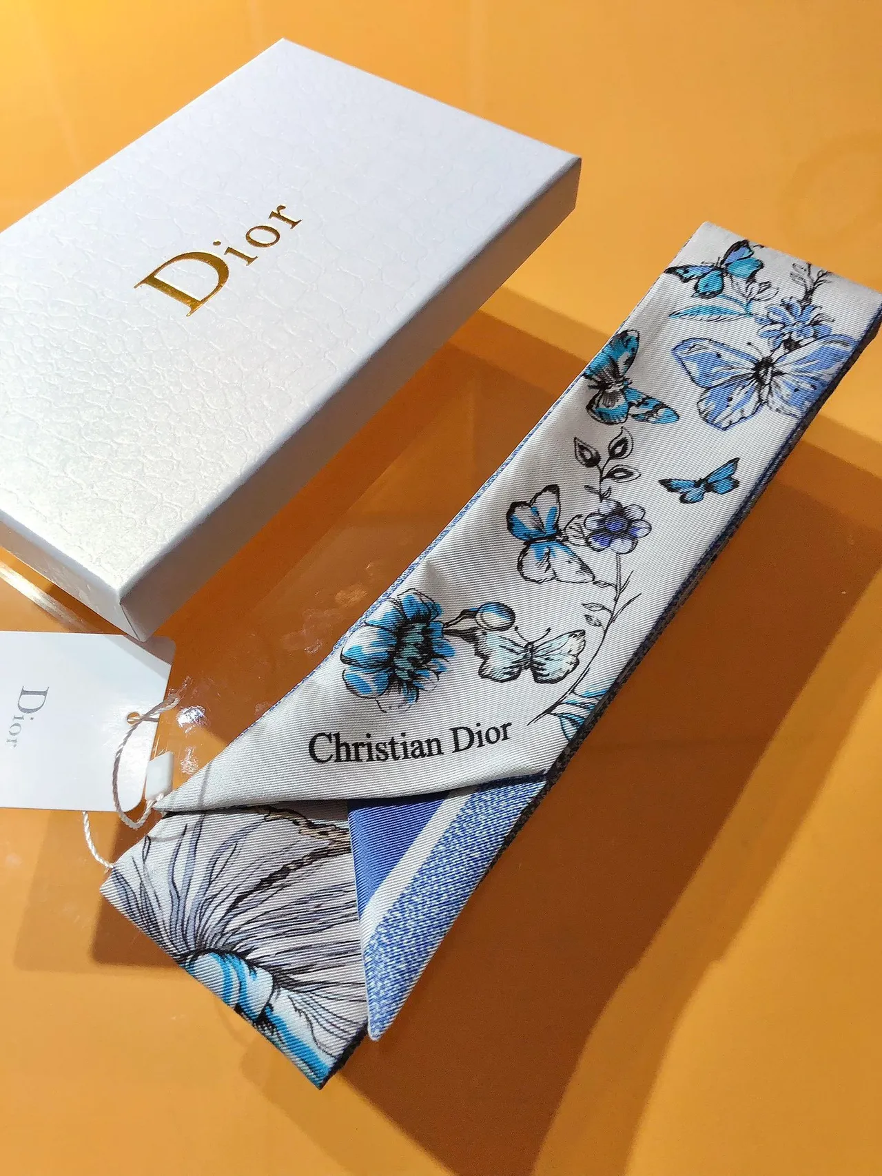 Dior Mitzaḥ White Blue Narrow Tapered Ends Silk Scarf 3
