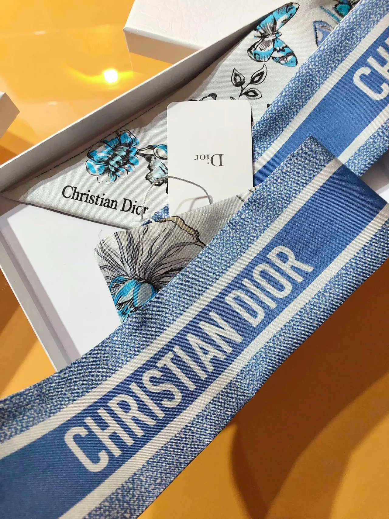 Dior Mitzaḥ White Blue Narrow Tapered Ends Silk Scarf 4