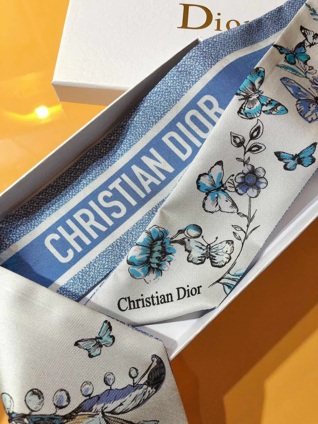 Dior Mitzaḥ White Blue Narrow Tapered Ends Silk Scarf 5