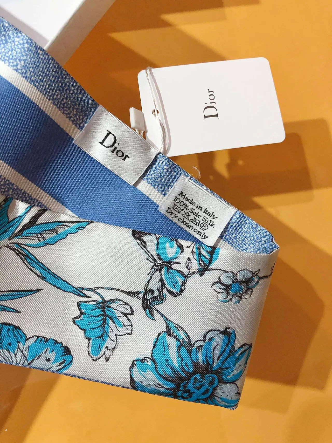 Dior Mitzaḥ White Blue Narrow Tapered Ends Silk Scarf 6