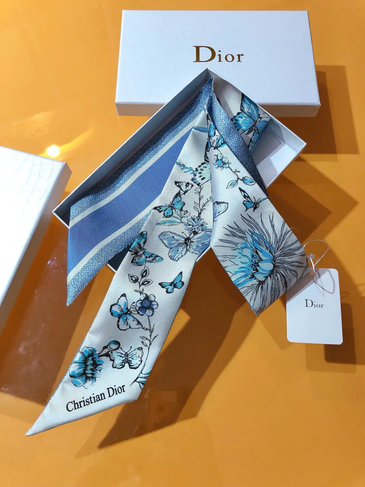 Dior Mitzaḥ White Blue Narrow Tapered Ends Silk Scarf 7