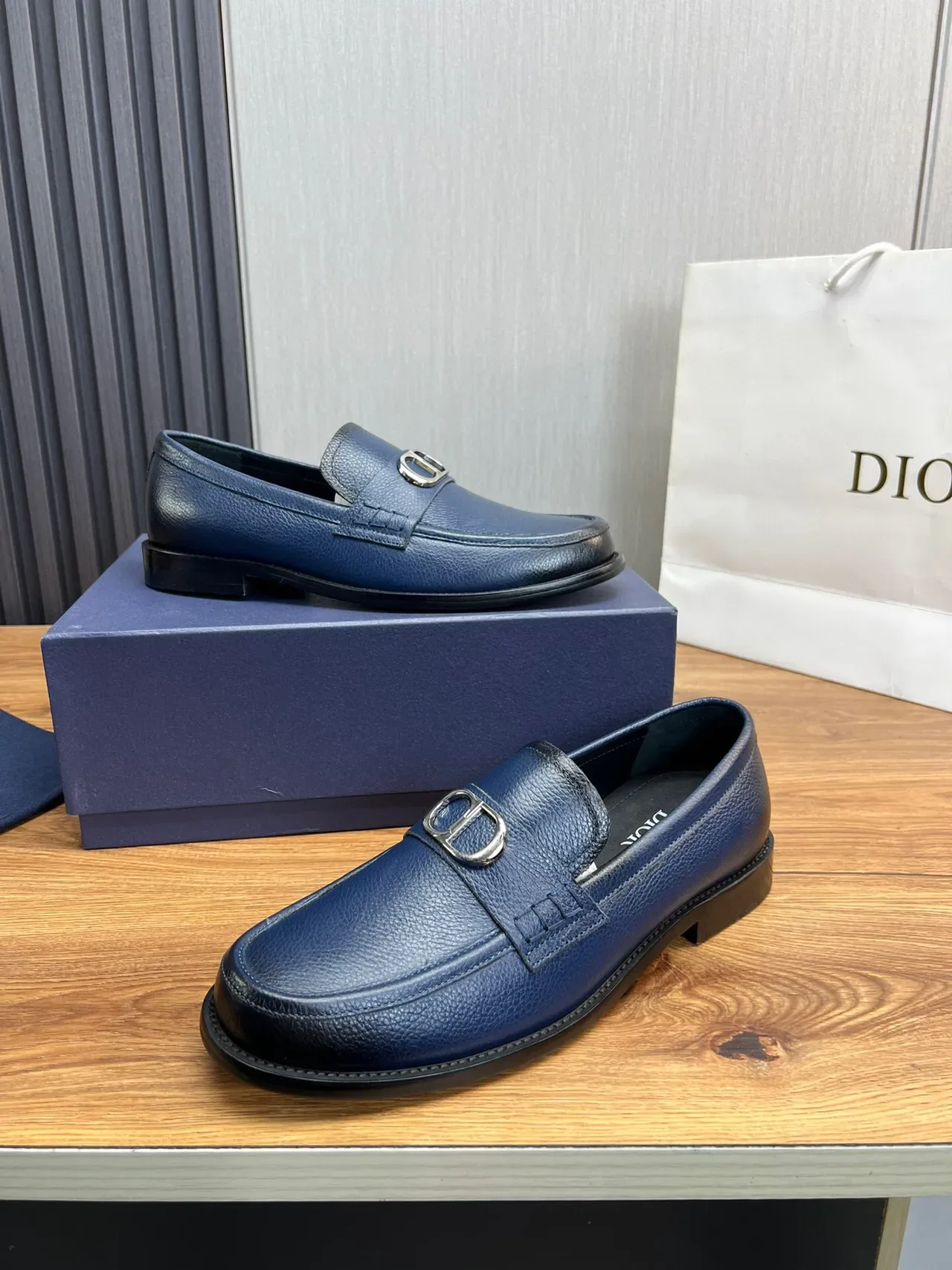 Dior Navy Black Pebbled Leather CD Buckle Strap Loafer 4