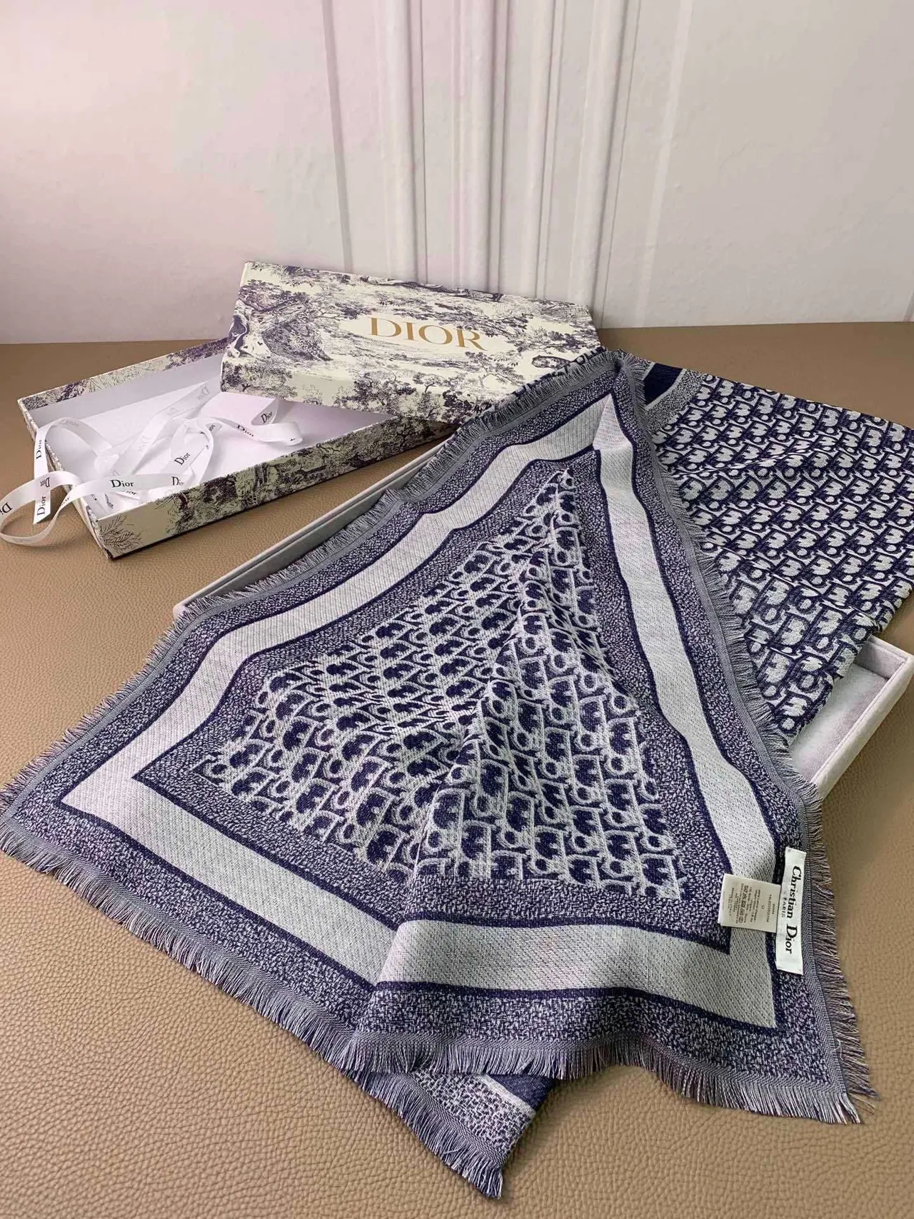 Dior Oblique Monogram Navy and Gray Cashmere Scarf 5