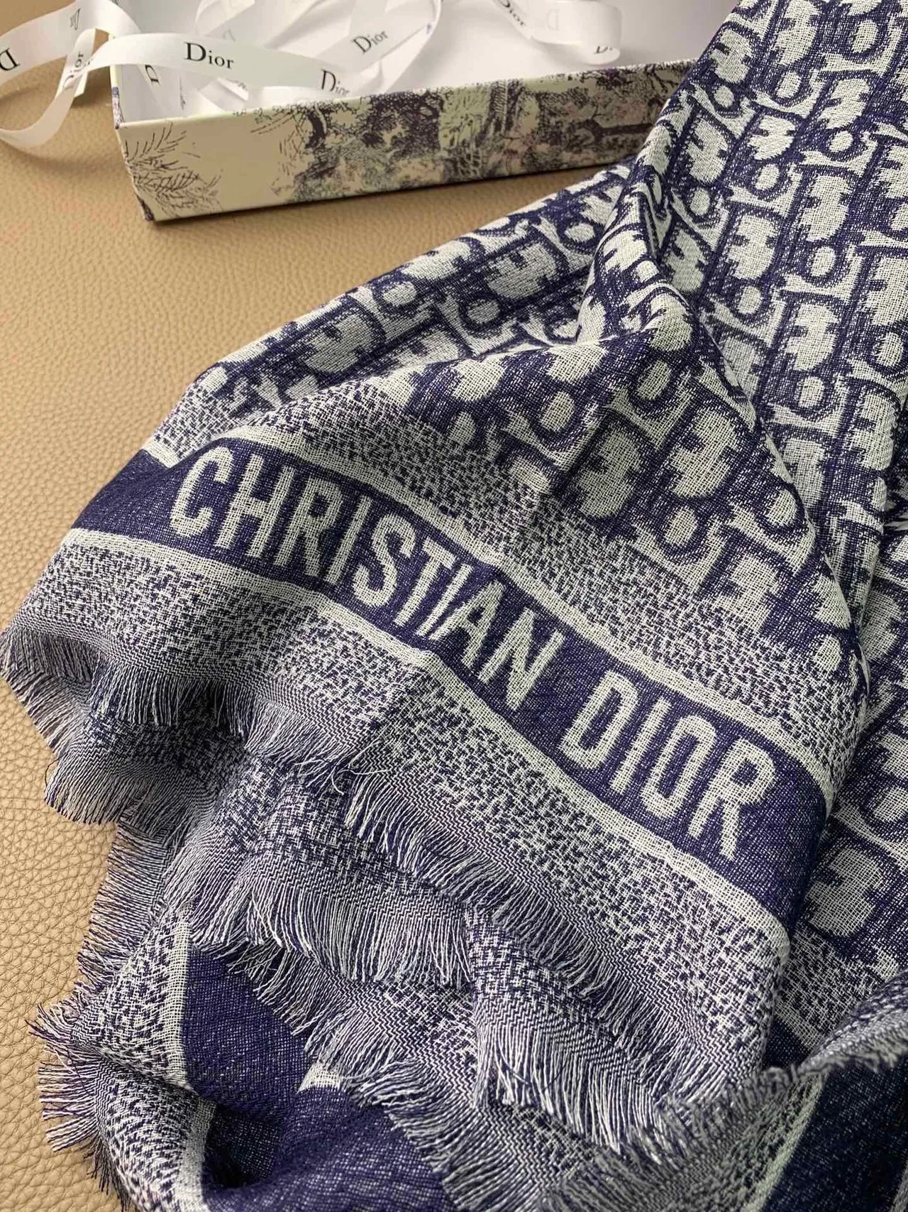 Dior Oblique Monogram Navy and Gray Cashmere Scarf 8