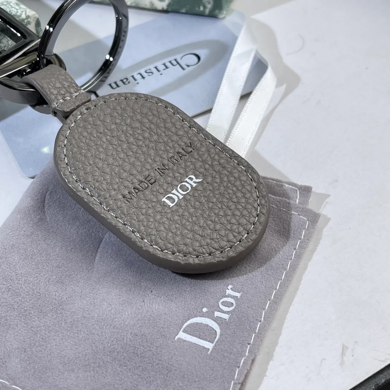 Dior Oval Leather Keychain Green Black Textured Tote Bag 2