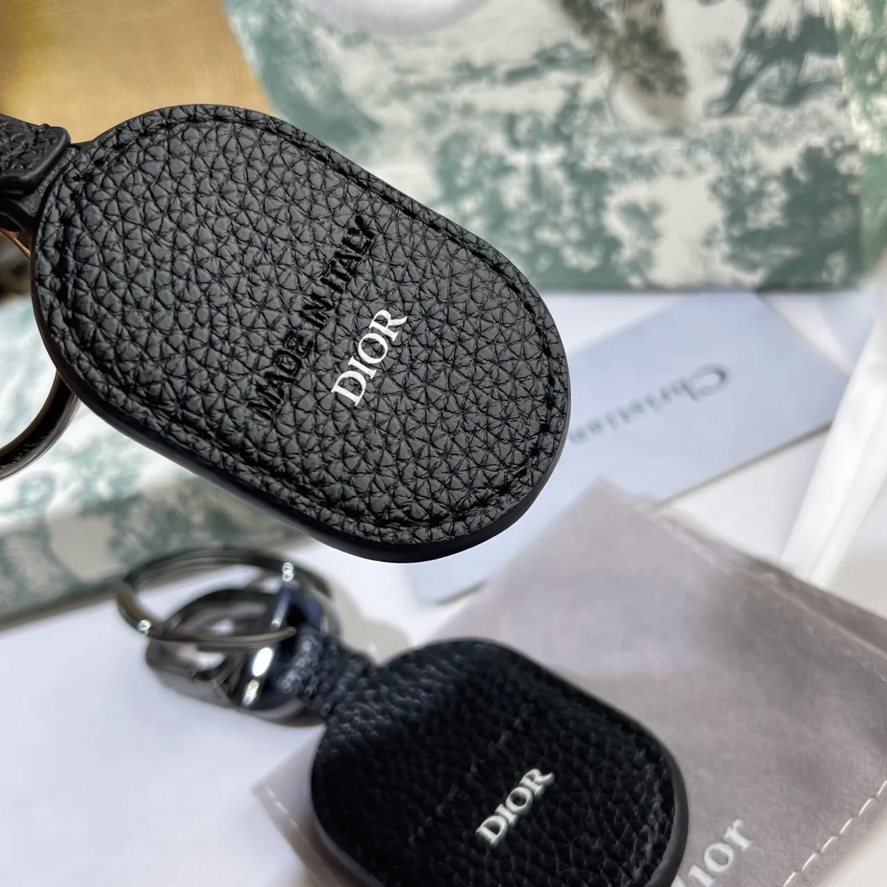 Dior Oval Leather Keychain Green Black Textured Tote Bag 6