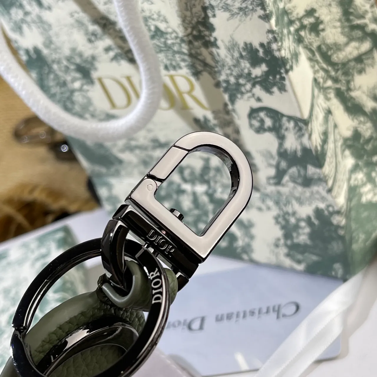 Dior Oval Leather Keychain Green Black Textured Tote Bag 8
