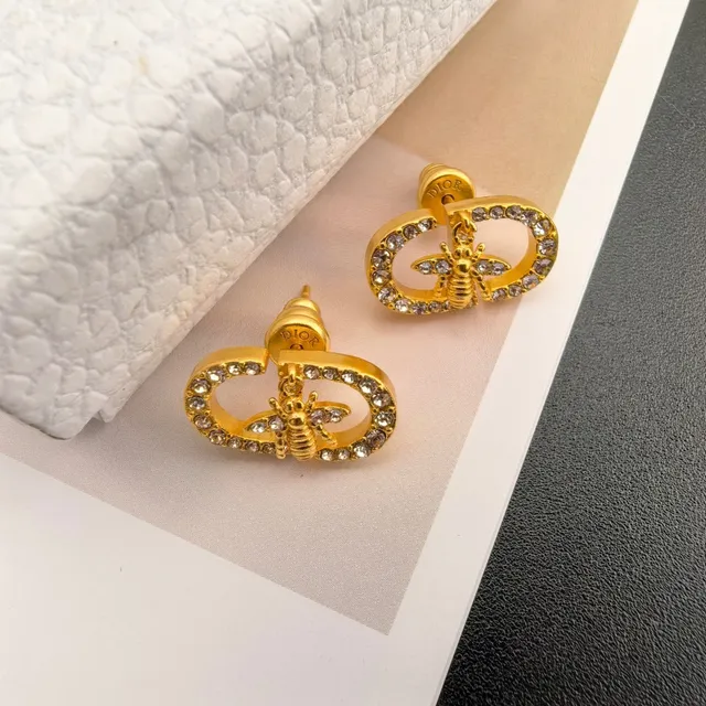 Dior Petit CD Bee Boucles d'oreilles dorées et à cristaux 7
