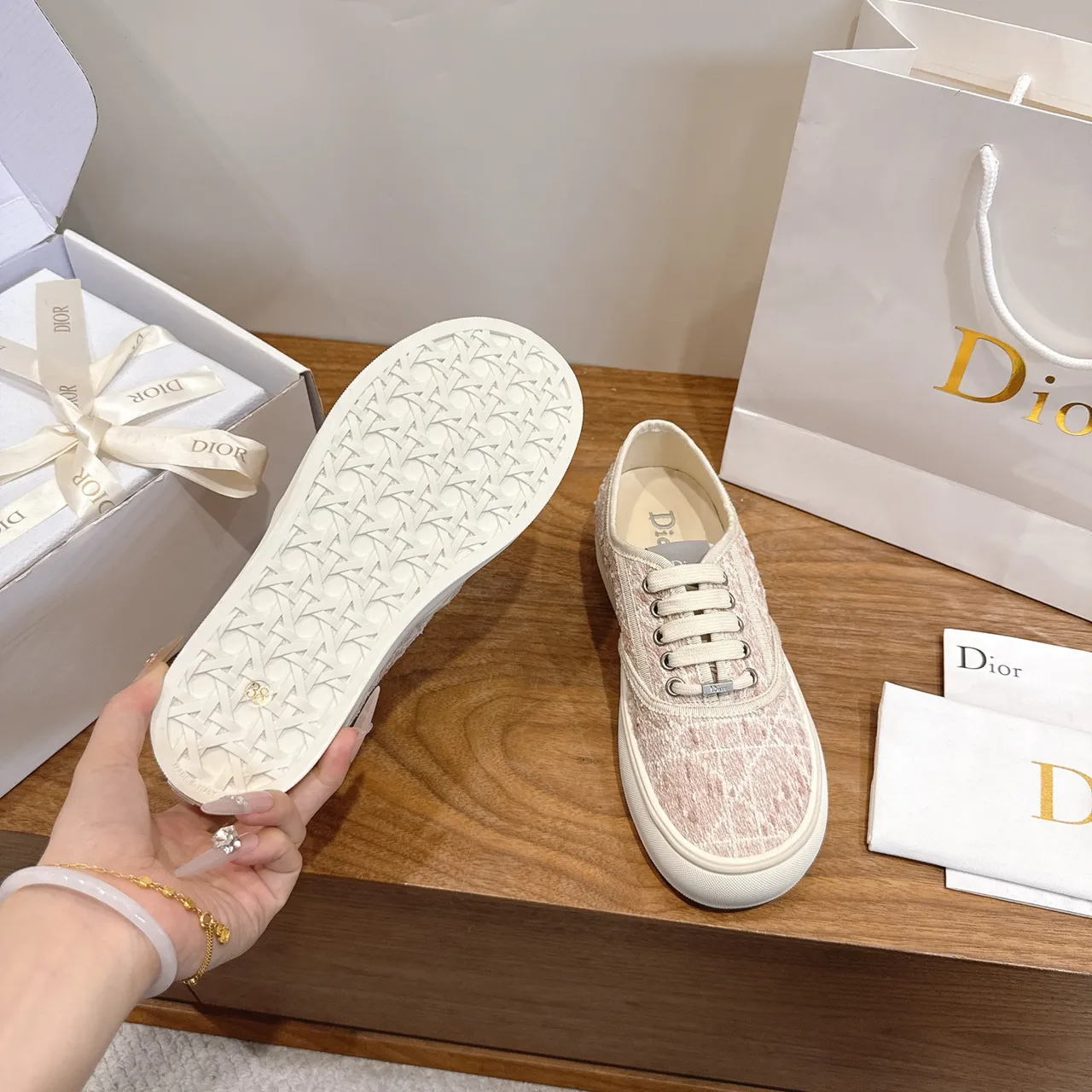 Dior Beige Rose Haut Texturé Tissé Low-Top Lacets Lifestyle Sneakers 2