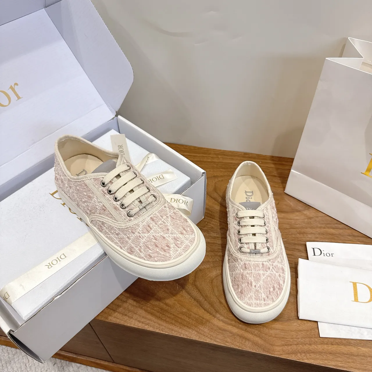 Dior Beige Rose Haut Texturé Tissé Low-Top Lacets Lifestyle Sneakers 4