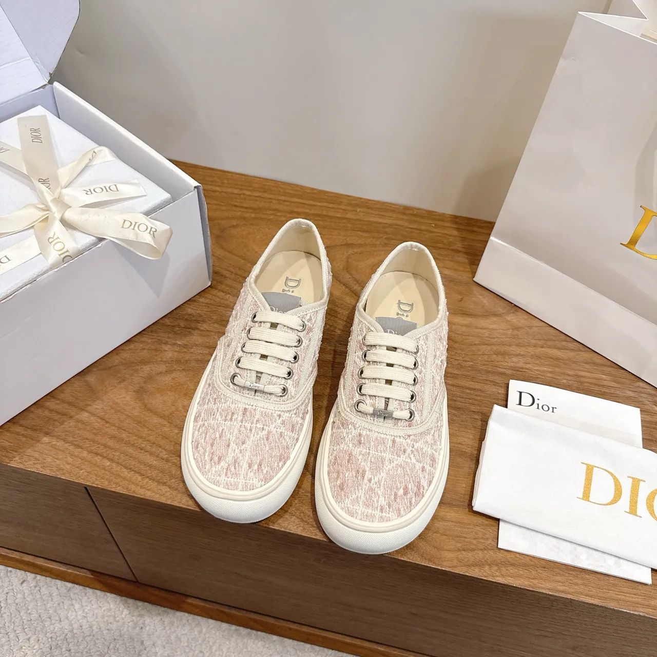 Dior Beige Rose Haut Texturé Tissé Low-Top Lacets Lifestyle Sneakers 5
