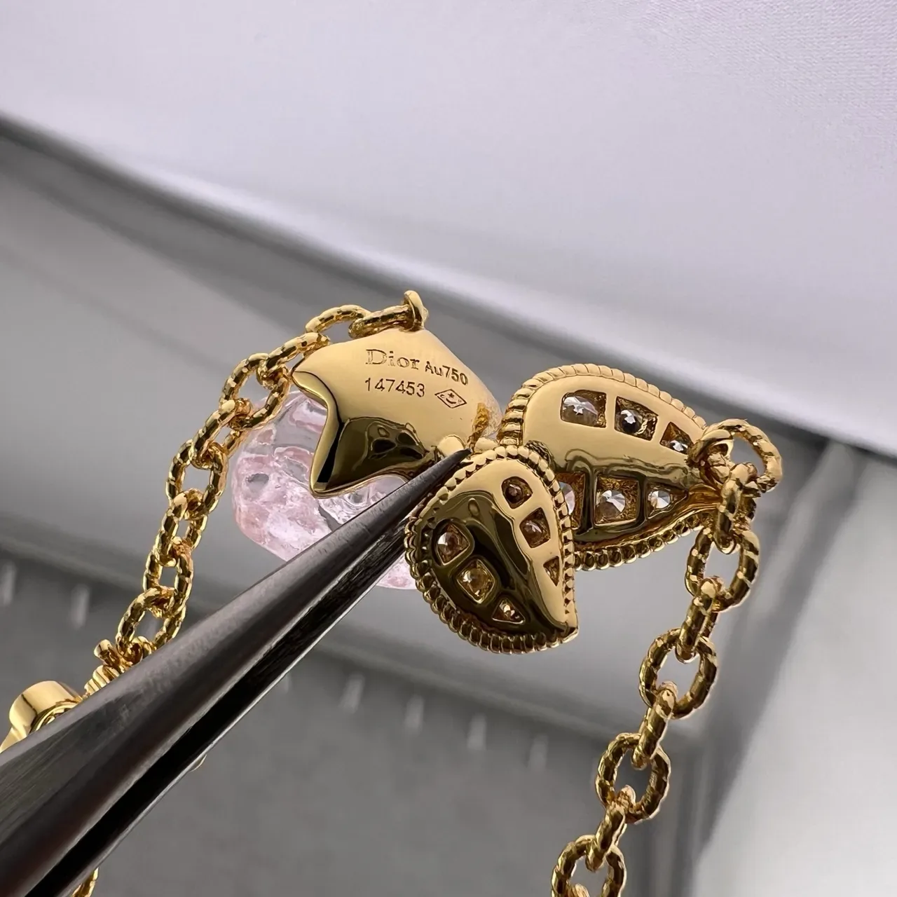 Dior Pink Gold Rose-Shaped Resin Pendant Pavé Crystal Leaf Motif Necklace 2