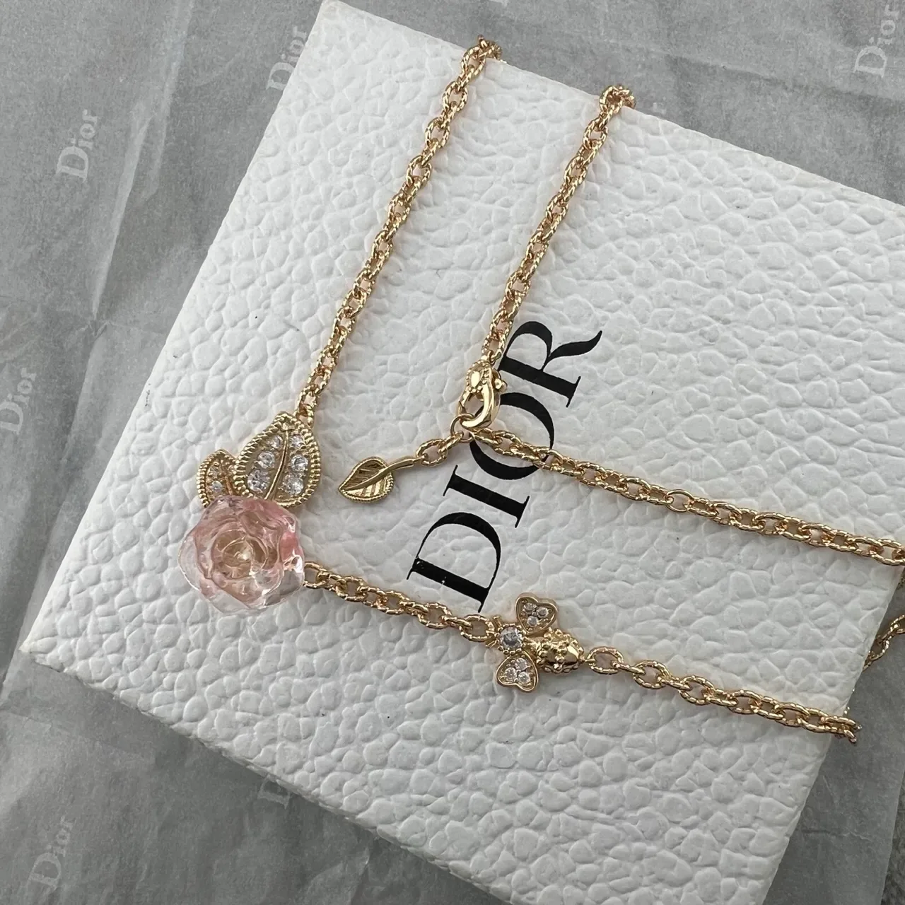 Dior Pink Gold Rose-Shaped Resin Pendant Pavé Crystal Leaf Motif Necklace 3