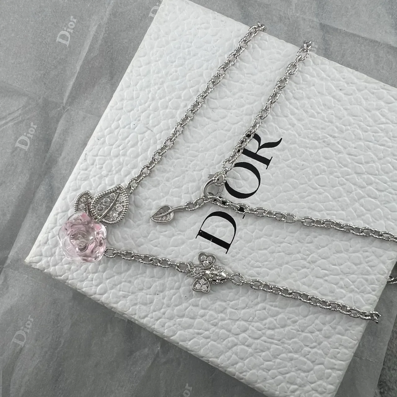 Dior Pink Gold Rose-Shaped Resin Pendant Pavé Crystal Leaf Motif Necklace 4