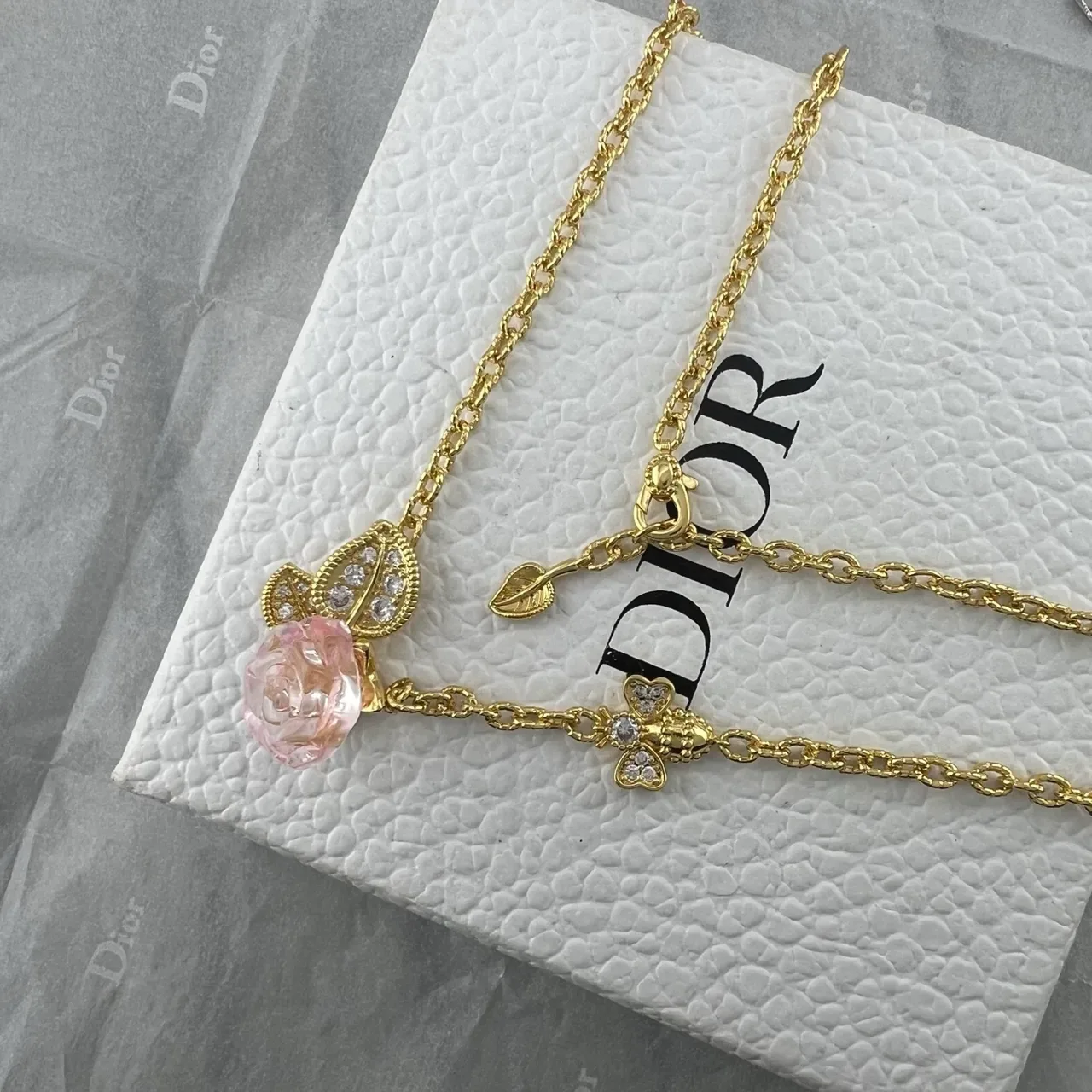 Dior Pink Gold Rose-Shaped Resin Pendant Pavé Crystal Leaf Motif Necklace 5