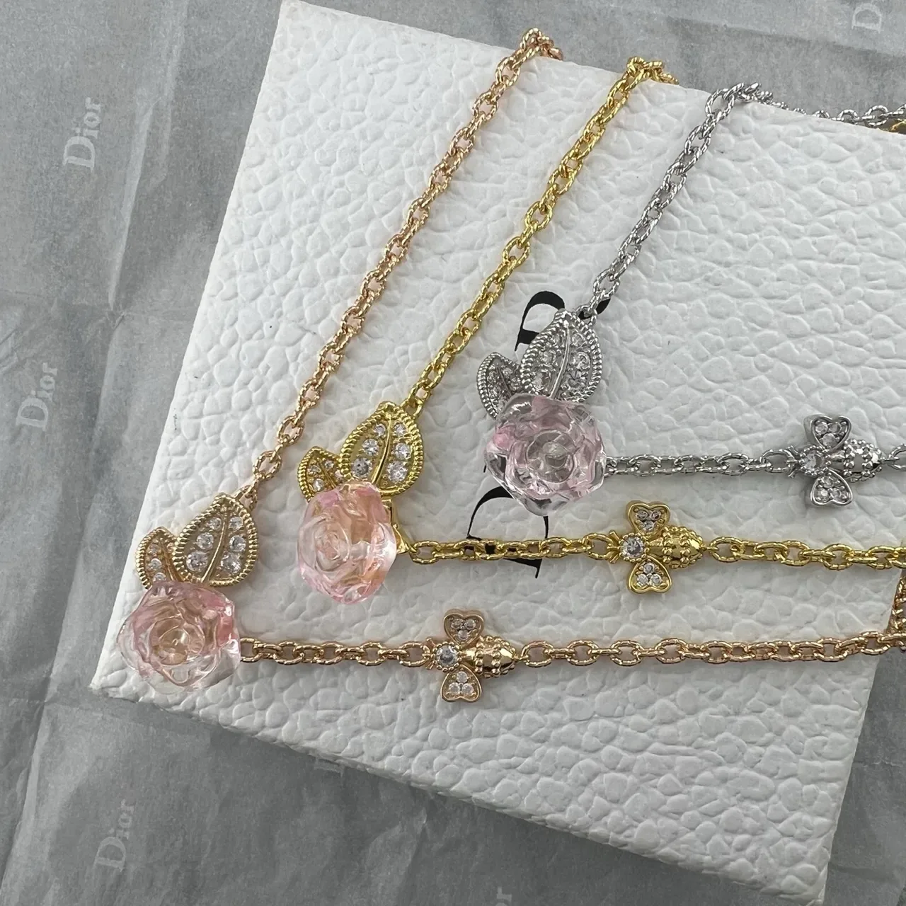 Dior Pink Gold Rose-Shaped Resin Pendant Pavé Crystal Leaf Motif Necklace 6
