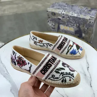 Dior Rose Matatini Esdrille White Multicolor Embroidered Floral Canvas Woven Jute Sole Boat Shoes