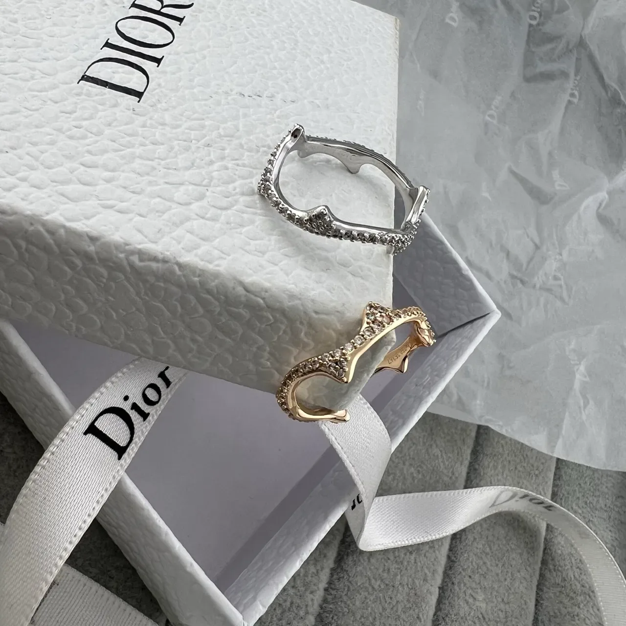 Dior Silver Gold Sculptural Pavé-Set Edges Ring 7