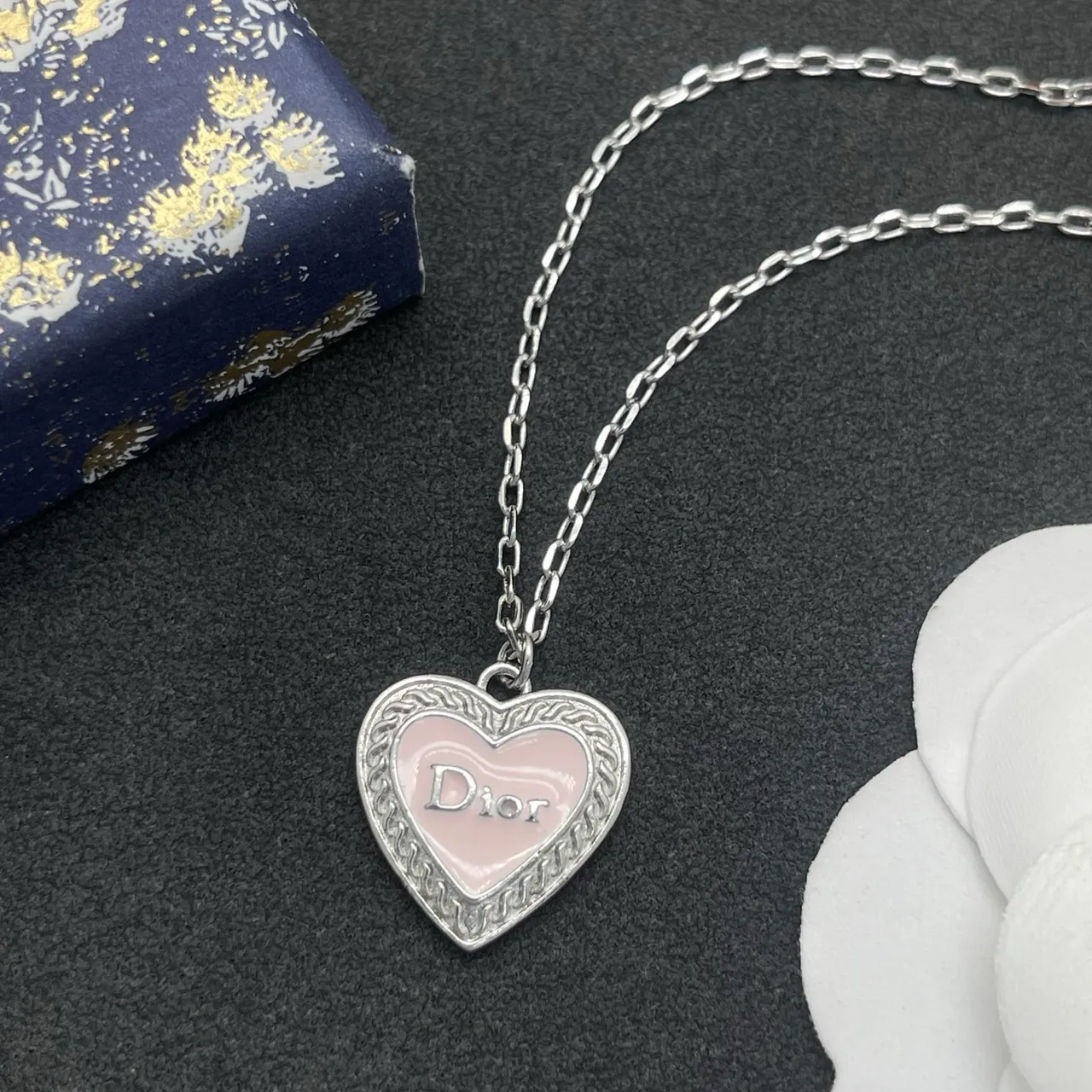 Dior Silver Pink Heart-Shaped Pendant Enamel Inlay Necklace 6