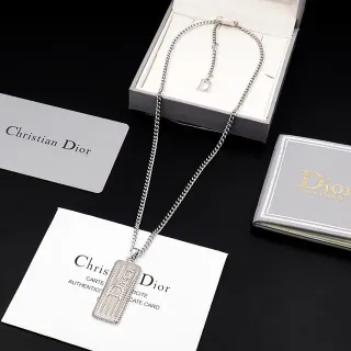 Dior Chaîne Curb Argent Blanc Rectangulaire Texturée Pendentif Collier
