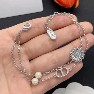Dior Silver White Double-Chain Floral Charm Bracelet