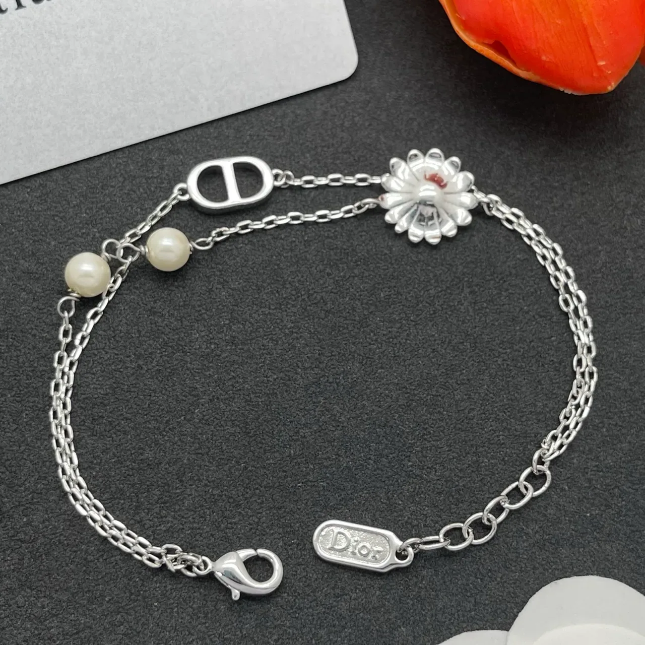 Dior Silver White Double-Chain Floral Charm Bracelet 4