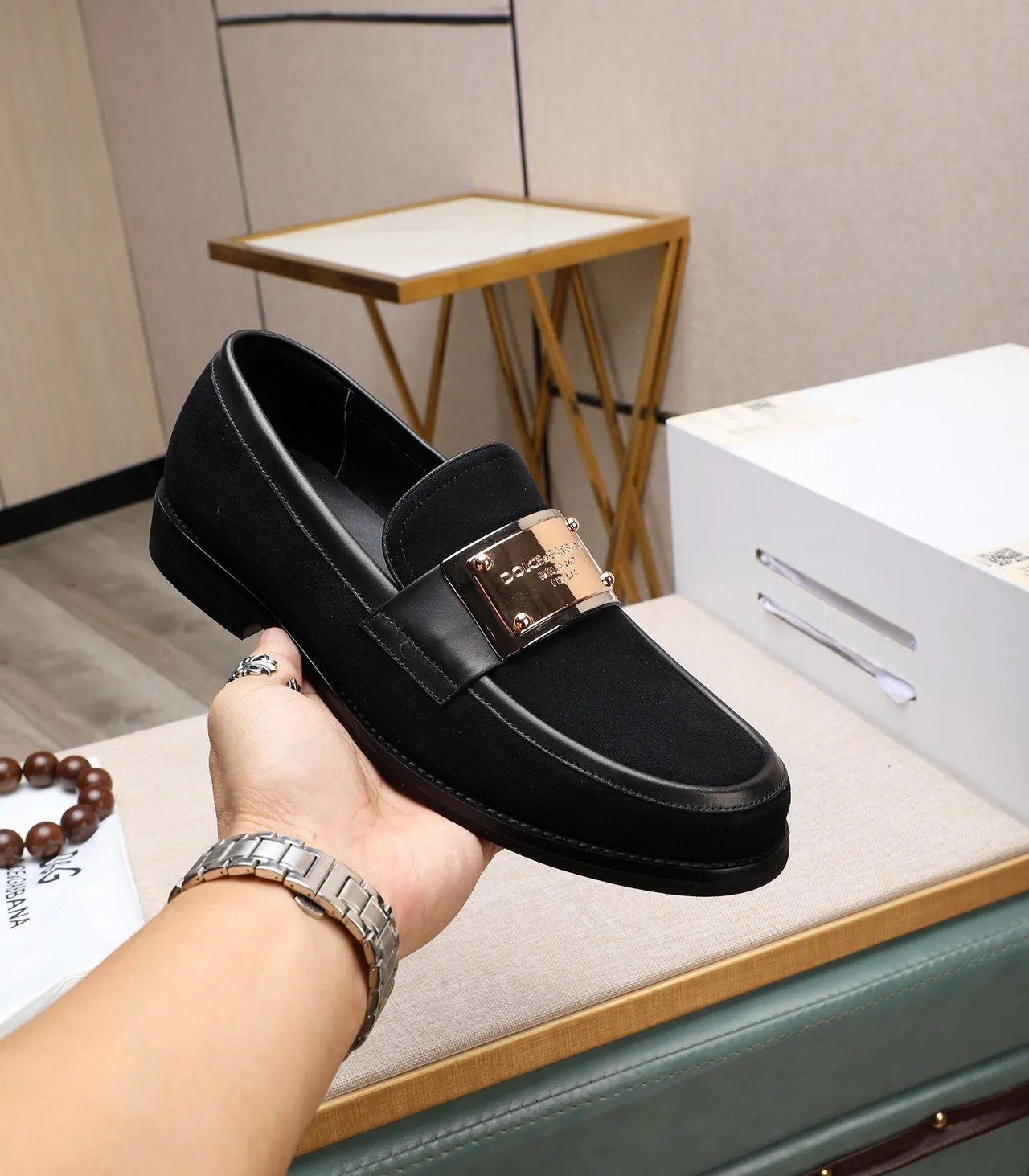 Dolce & Gabbana Portofino حذاء لوبفر أسود ذهبي جلد أنيلين طبقة علوية لوح معدني 5