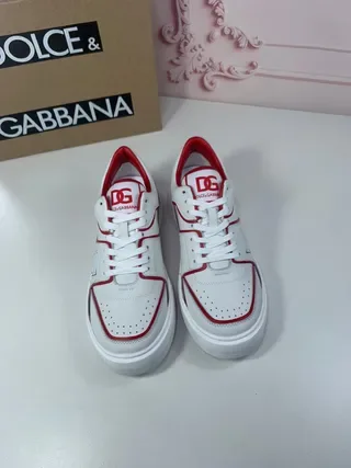 Dolce & Gabbana Portofino Brancas Vermelhas Couro Superior Contraste Piping Tênis Lifestyle 2