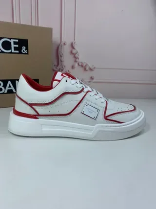 Dolce & Gabbana Portofino Brancas Vermelhas Couro Superior Contraste Piping Tênis Lifestyle 3