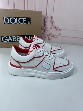 Dolce & Gabbana Portofino Brancas Vermelhas Couro Superior Contraste Piping Tênis Lifestyle 4