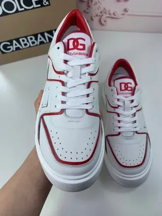 Dolce & Gabbana Portofino Brancas Vermelhas Couro Superior Contraste Piping Tênis Lifestyle 5