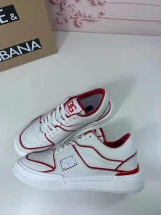 Dolce & Gabbana Portofino Brancas Vermelhas Couro Superior Contraste Piping Tênis Lifestyle 8