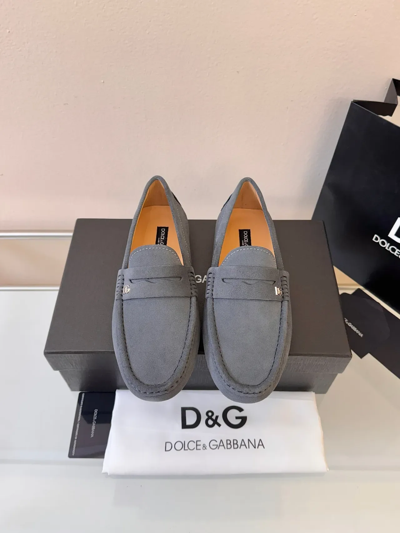 Dolce & Gabbana mocassim penny cinza bege camurça correia 6