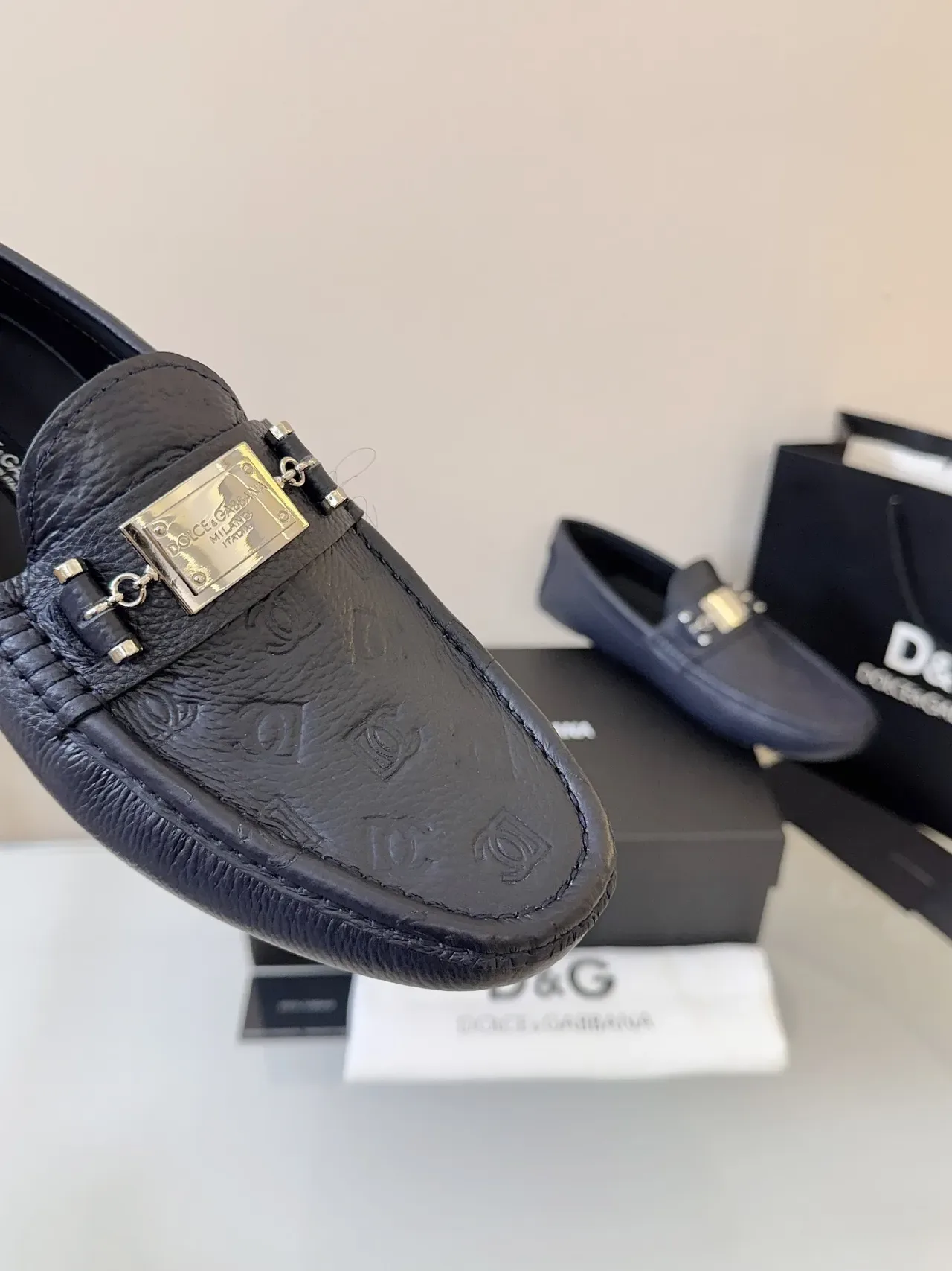 Dolce & Gabbana Portofino Azul Marino Cuero Embossado Mocasín 3