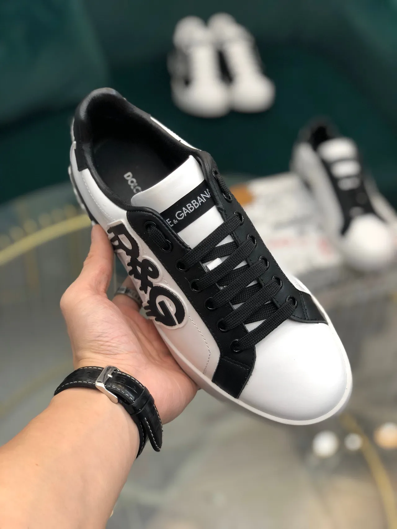 Dolce & Gabbana Portofino Blanco Negro Low-Top Logo-Appliqué Zapatillas Lifestyle 3