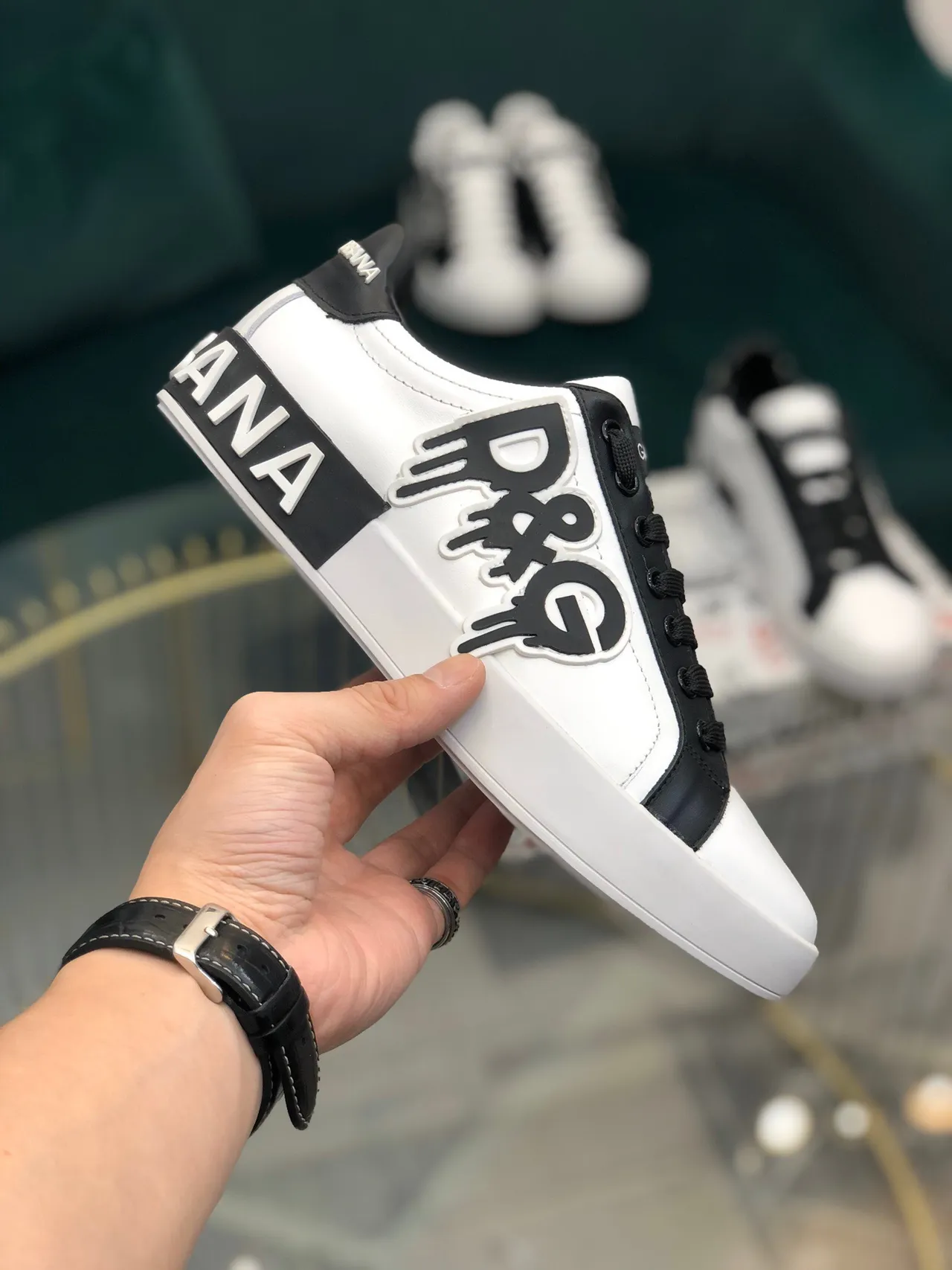Dolce & Gabbana Portofino Blanco Negro Low-Top Logo-Appliqué Zapatillas Lifestyle 4