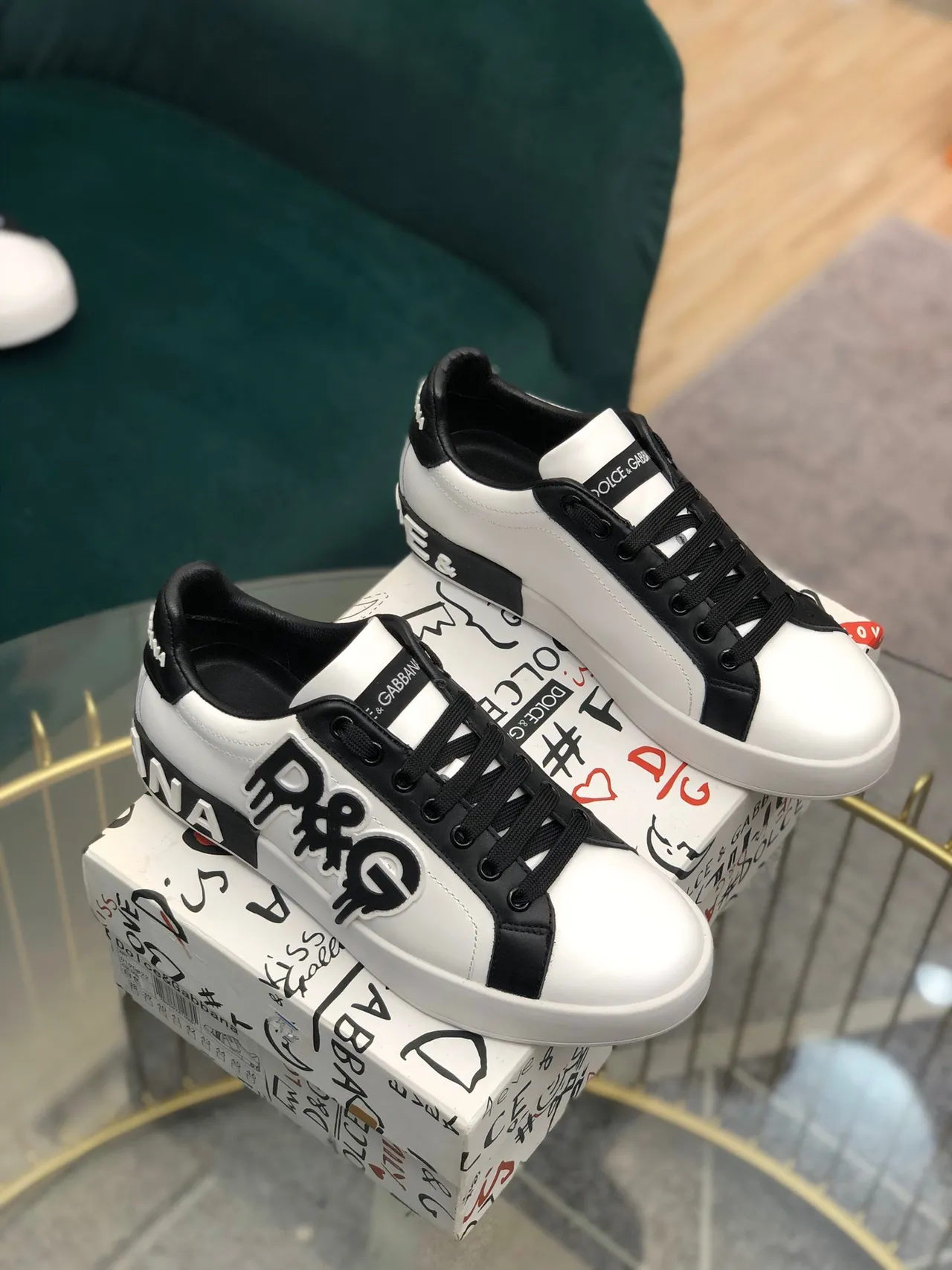 Dolce & Gabbana Portofino Blanco Negro Low-Top Logo-Appliqué Zapatillas Lifestyle 5
