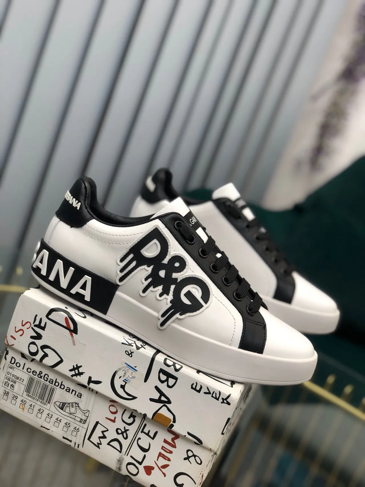 Dolce & Gabbana Portofino Blanco Negro Low-Top Logo-Appliqué Zapatillas Lifestyle 6