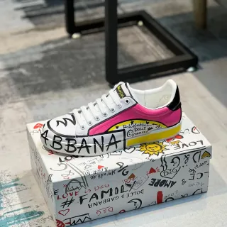 Dolce & Gabbana Portofino Tênis Lifestyle Branco Rosa Graffiti-Print de Topo Baixo