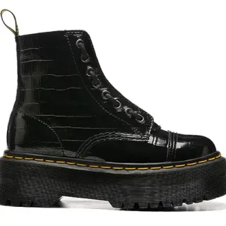 Dr. Martens काले पीले चमकदार क्रोको-एम्बॉस्ड चमड़े की प्लेटफॉर्म सोल मार्टिन जूते